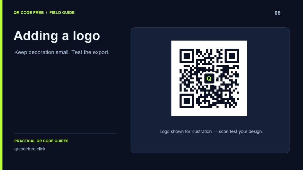 QR illustration with a small central logo and scan-test reminder.