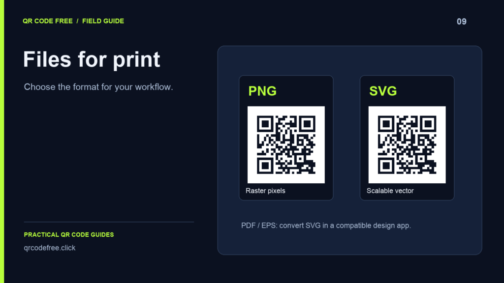 PNG and SVG exports with a PDF and EPS conversion note.