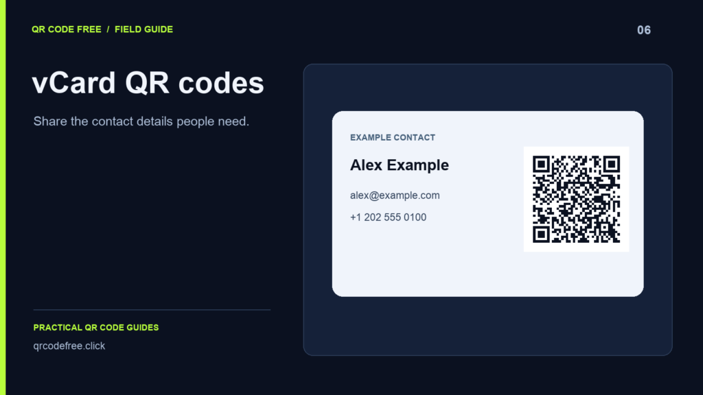 Example contact card with a vCard QR code.